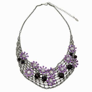 Latasia Crystal Flower Necklace Purple Bead Silver Tone Metal Mesh Chain Charms